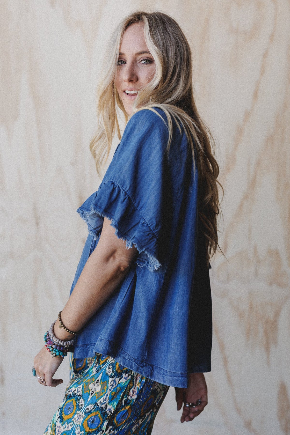 Hearts Aligned Ruffled Sleeve Top - Dark Denim