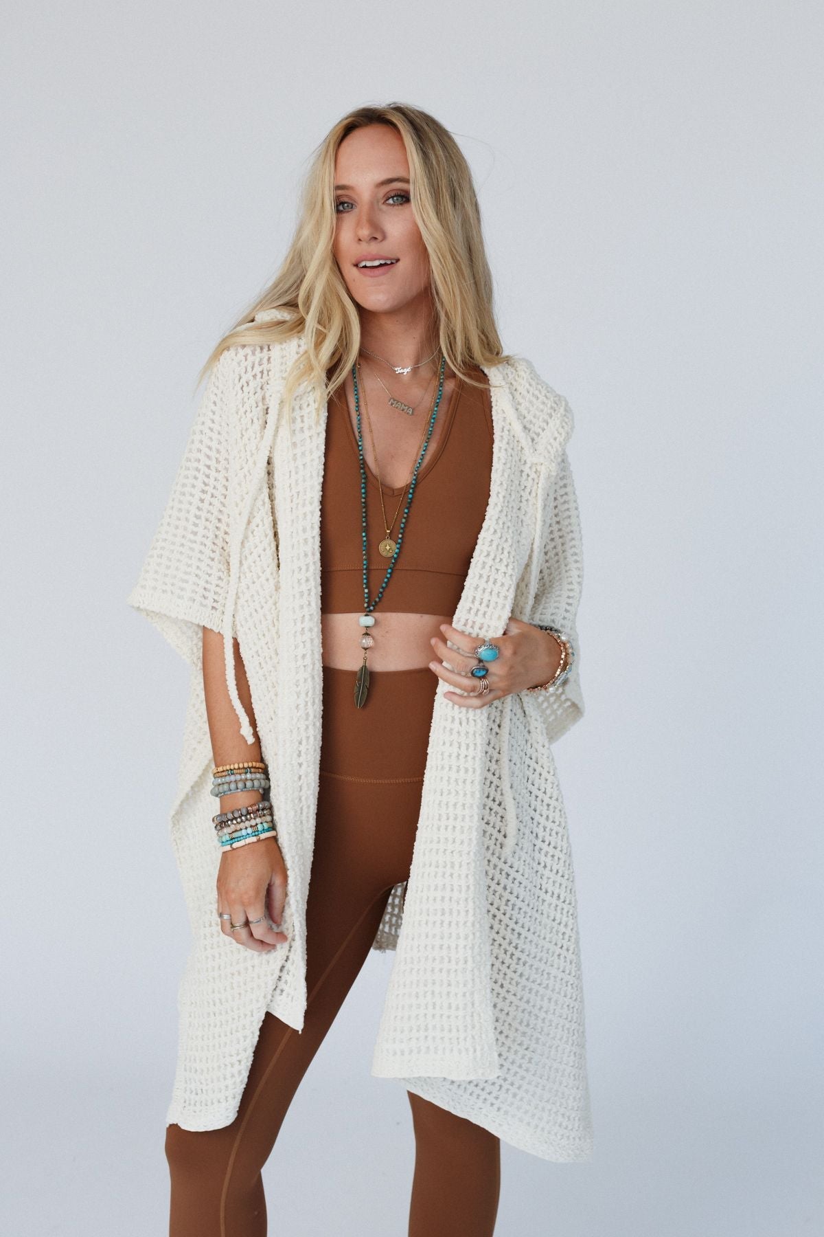 By The River Hooded Waffle Ruana - Ivory