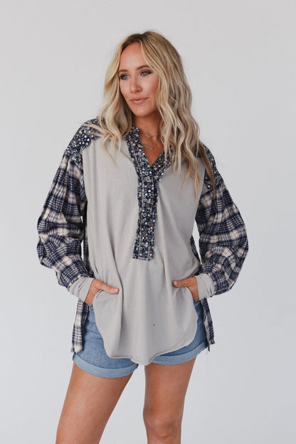 Better Together Mixed Print Top - Blue Gray