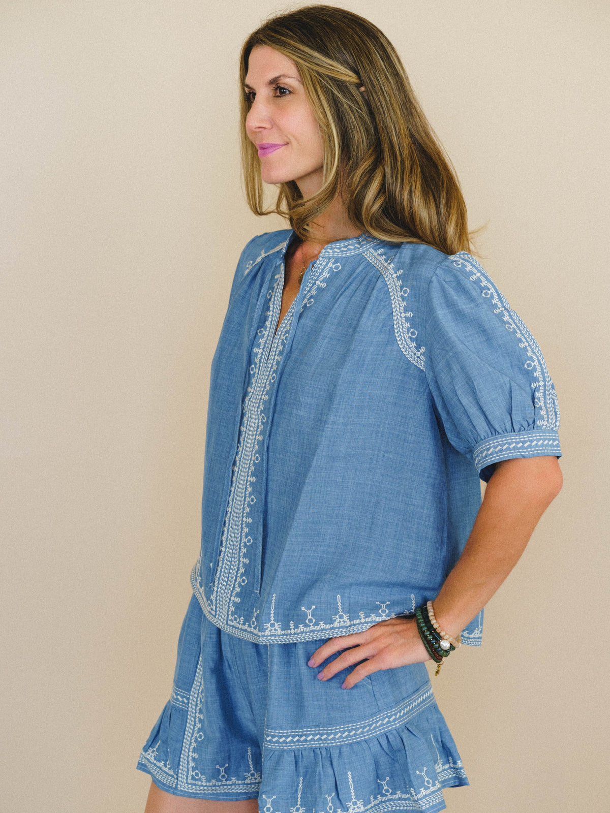 Doxi Embroidered Denim Blouse - Denim