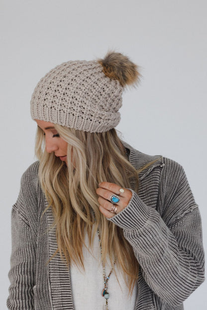 Aspen Waffle Knit Faux Fur Beanie - Mocha