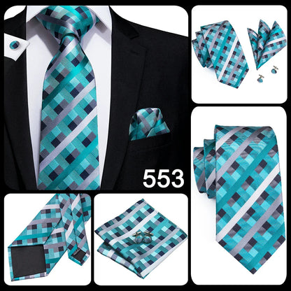 Hi-Tie Designer Silk Wedding Tie For Men Blue White Plaid Handky Cufflink Set Fashion Necktie For Men Business Party Wholesale