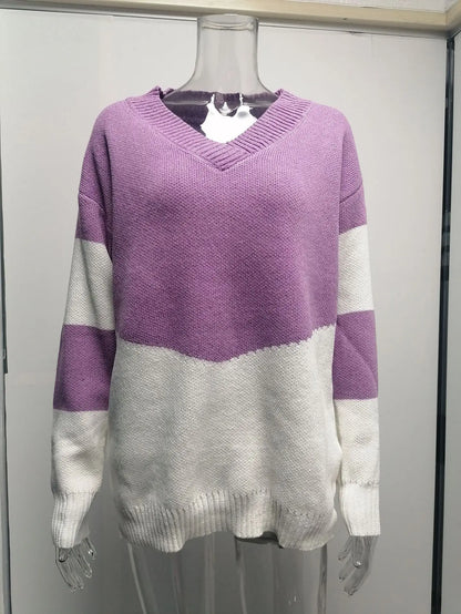 Pullovers Women Sweaters New long-sleeved 2021 Autumn Winters V Collar Loose Color Matching Sweaters Women Fashion OLN6057