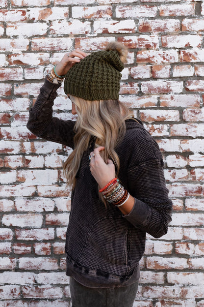 Aspen Waffle Knit Faux Fur Beanie - Olive