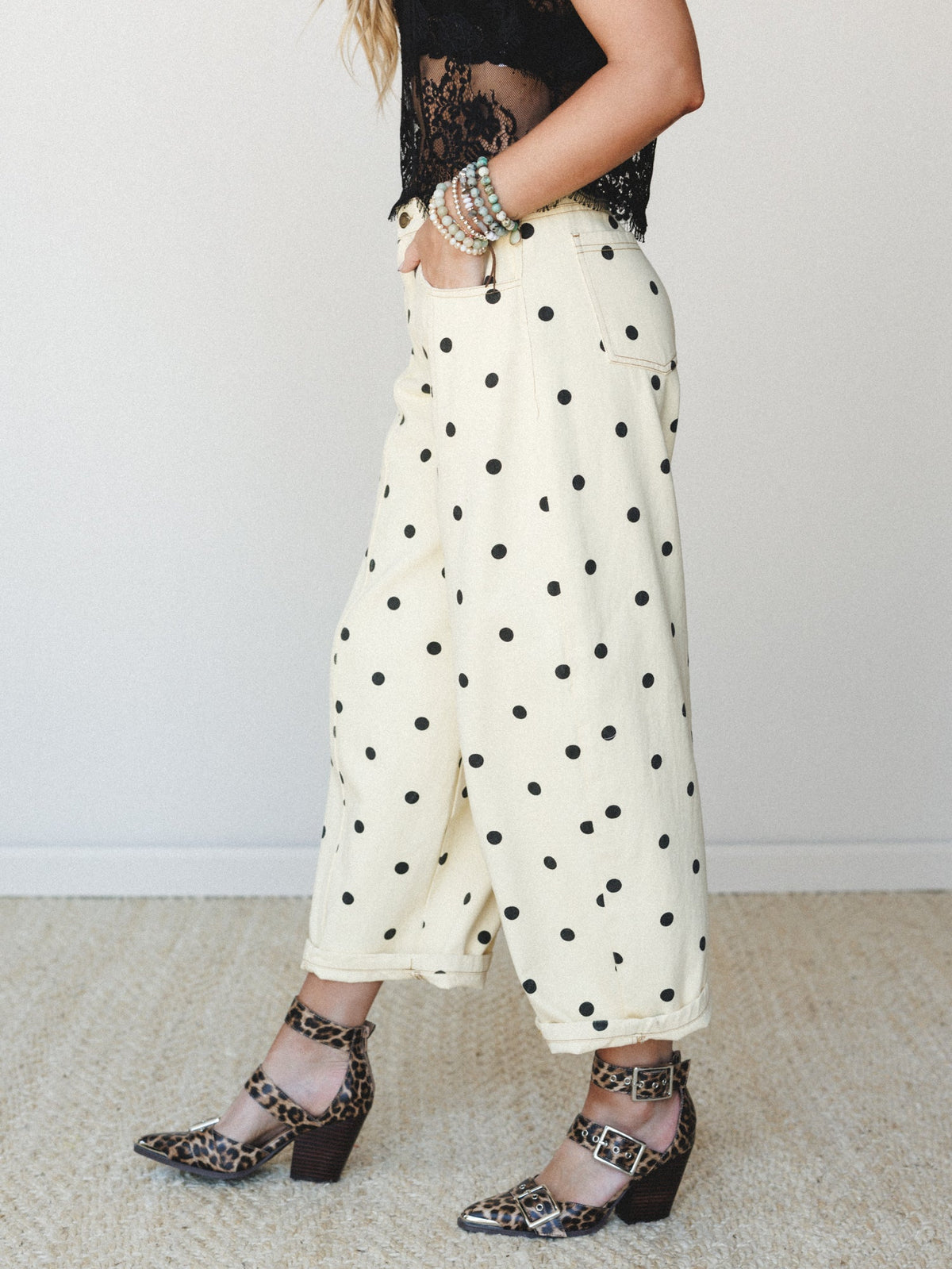 Honey Flower Polka Dot Pants - Light Yellow Black
