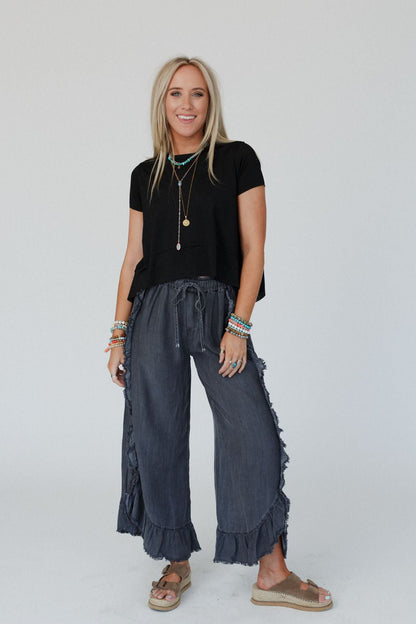 Drift Wave Ruffle Wide Leg Pants - Black