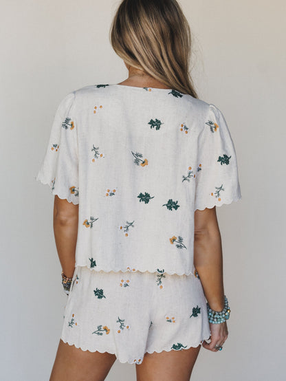 Fleur Amore Embroidered Tie Front Top - Oatmeal