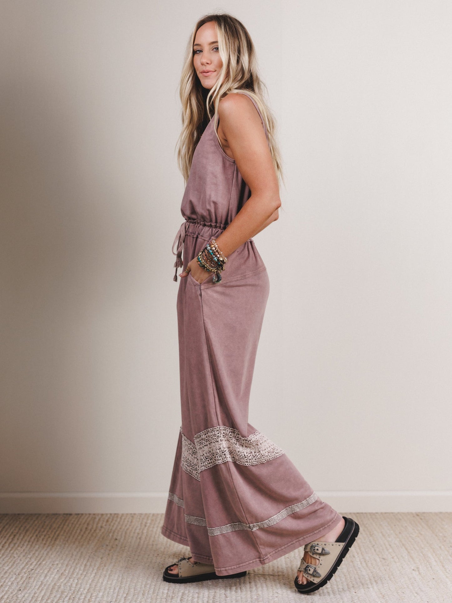 Country Sunshine Crochet Wide Leg Jumpsuit - Red Bean