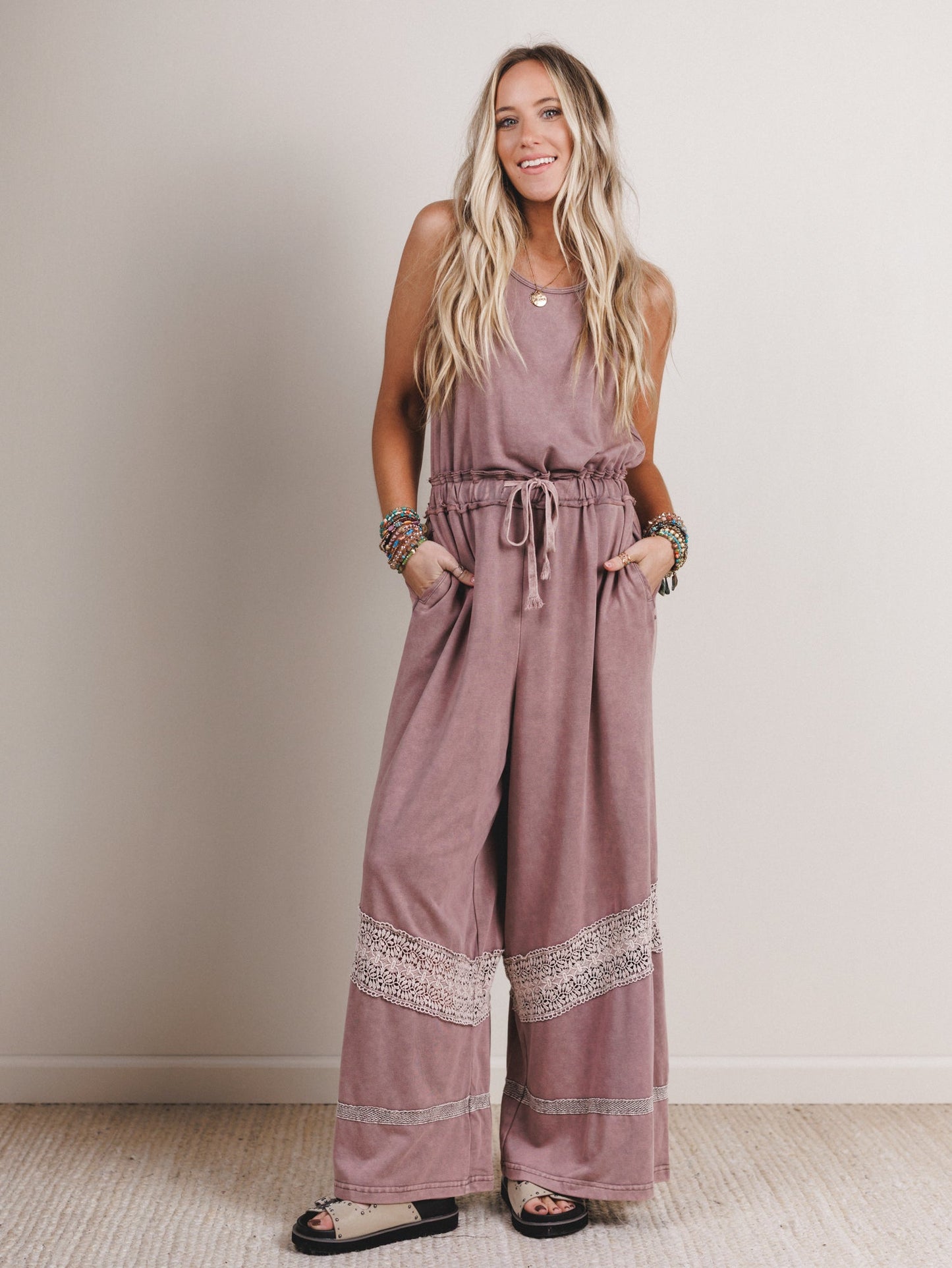 Country Sunshine Crochet Wide Leg Jumpsuit - Red Bean
