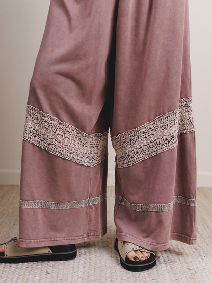 Country Sunshine Crochet Wide Leg Jumpsuit - Red Bean