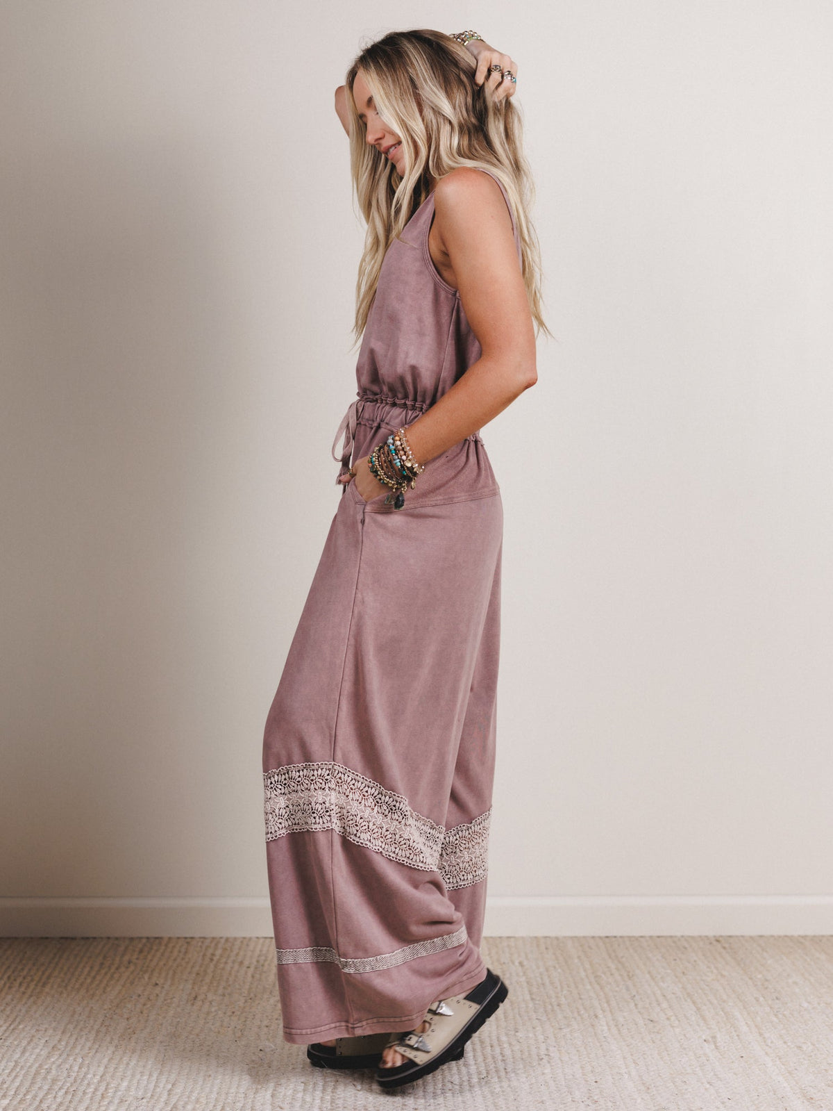 Country Sunshine Crochet Wide Leg Jumpsuit - Red Bean