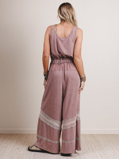 Country Sunshine Crochet Wide Leg Jumpsuit - Red Bean