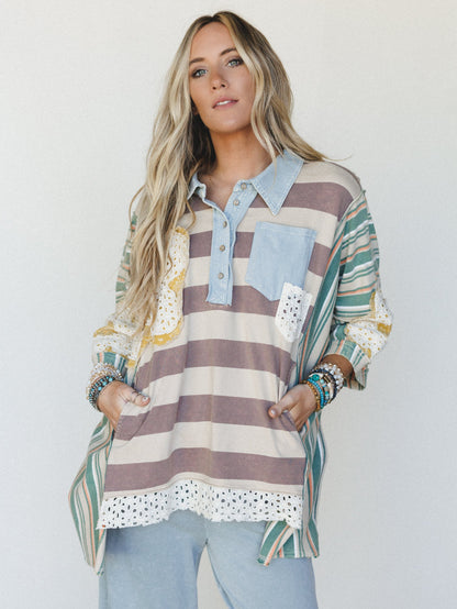 Daisy Darling Collared Top - Taupe Green