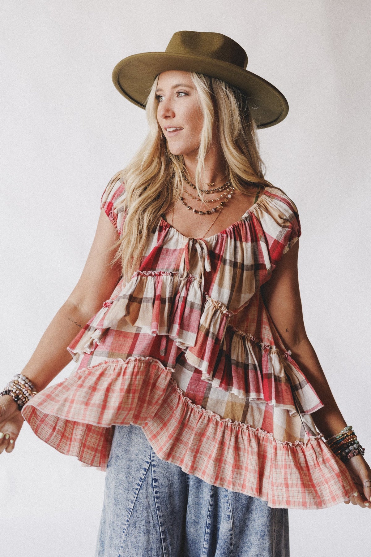 Clover Stitch Plaid Top - Pink - Pre Order