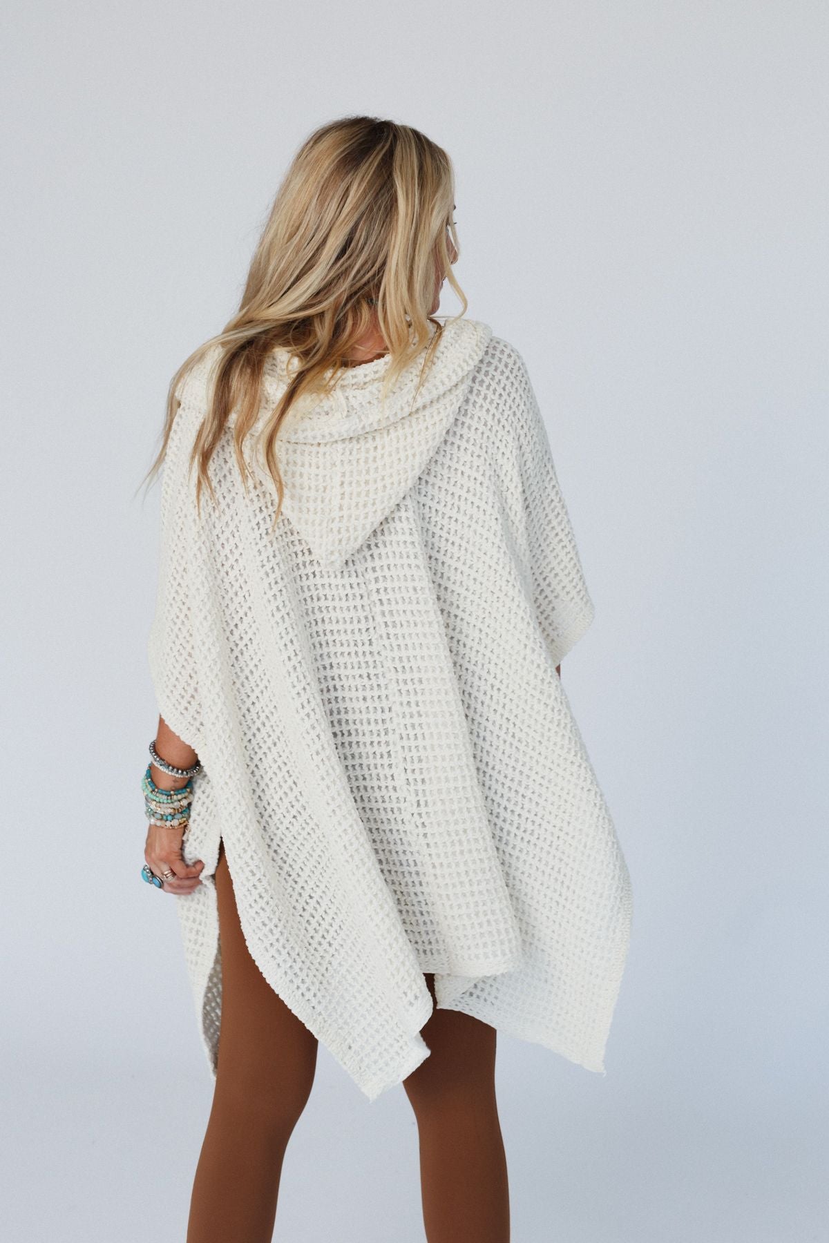 By The River Hooded Waffle Ruana - Ivory
