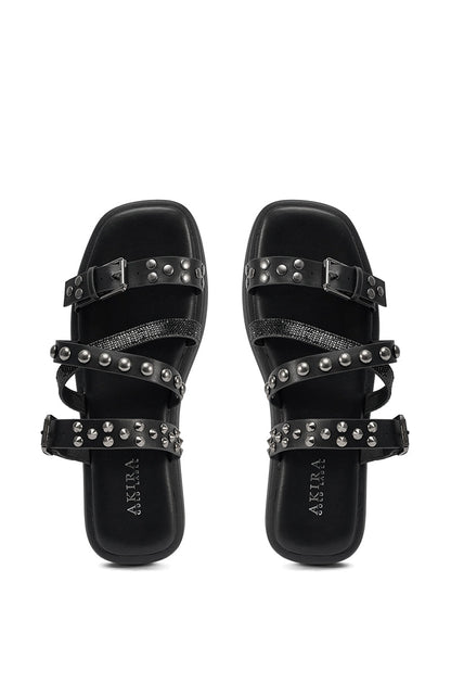 AKIRA GOLD MANNING BLACK HARDWARE EMBELLISHED FLAT SANDAL