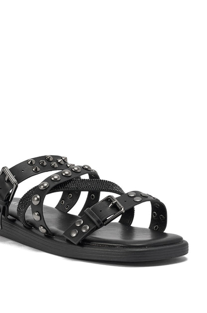 AKIRA GOLD MANNING BLACK HARDWARE EMBELLISHED FLAT SANDAL