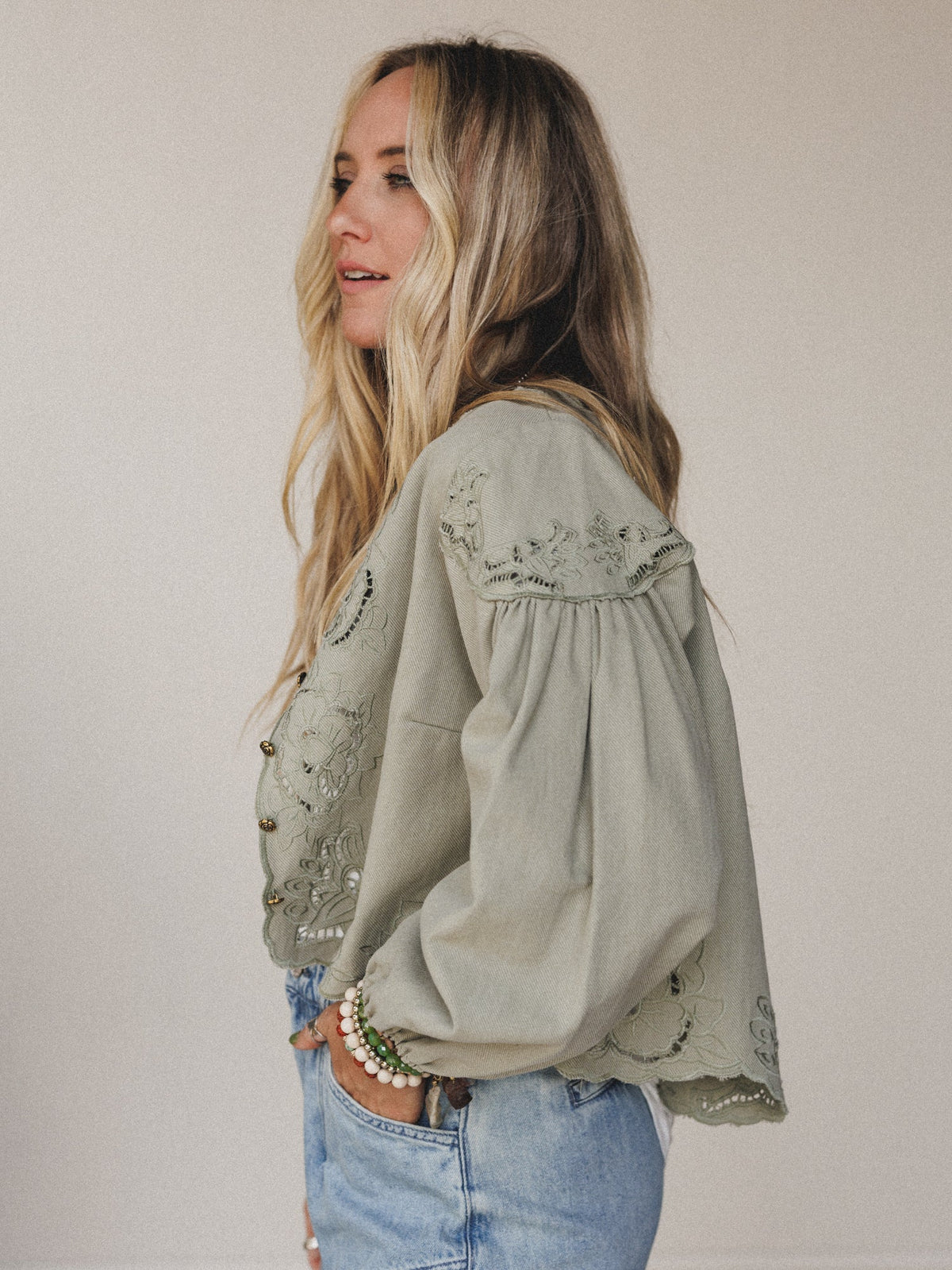 Extra Touch Embroidered Denim Jacket - Olive