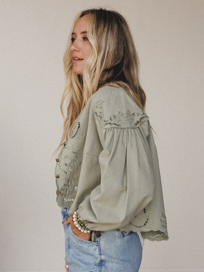 Extra Touch Embroidered Denim Jacket - Olive