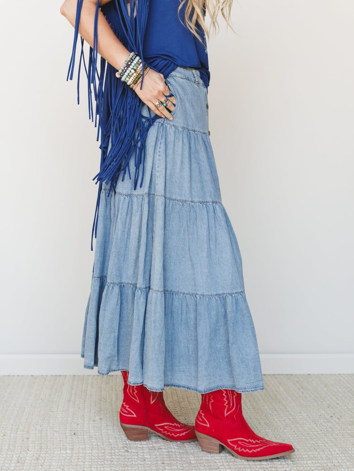 Country Mart Tiered Maxi Skirt - Denim