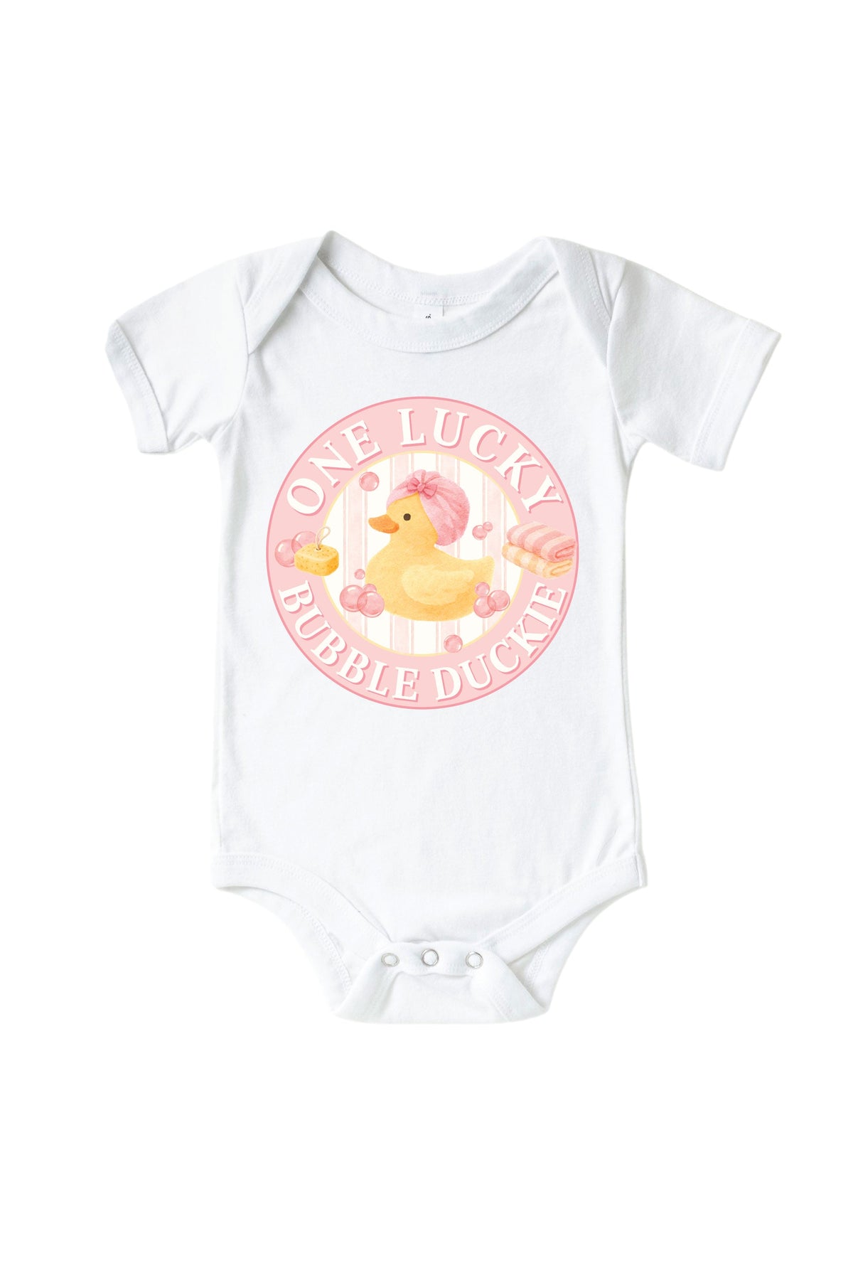One Lucky Duckie Pink Graphic Bodysuit & Kids Tee | White