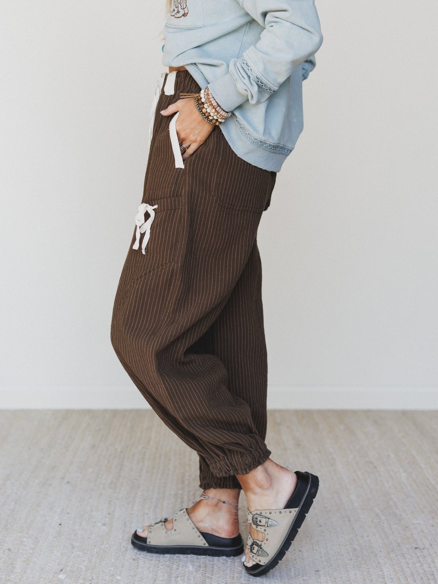 Ahoy Boho Striped Joggers - Chocolate