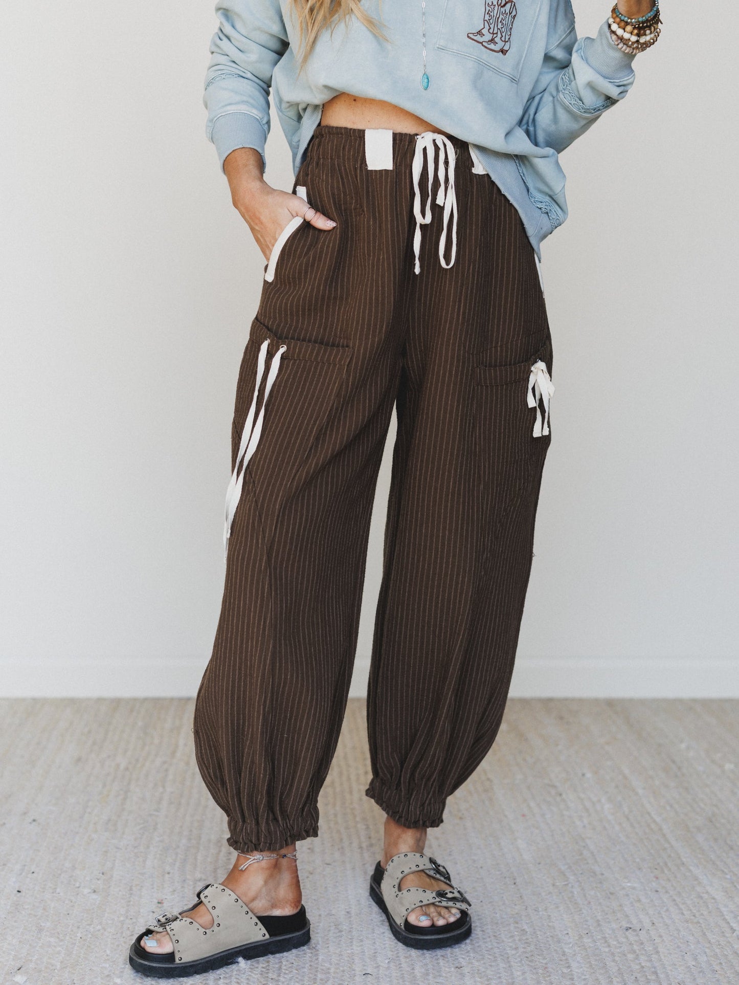 Ahoy Boho Striped Joggers - Chocolate
