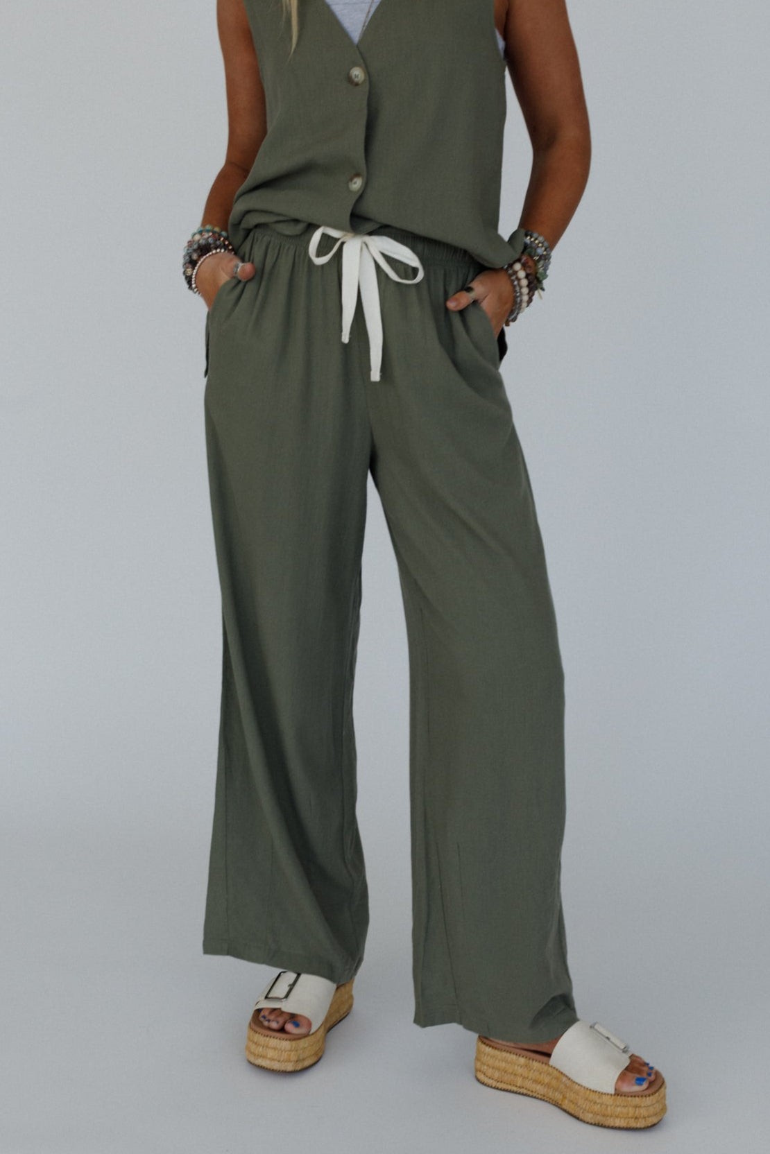 Coastal Ease Drawstring Pants - Olive - Pre Order