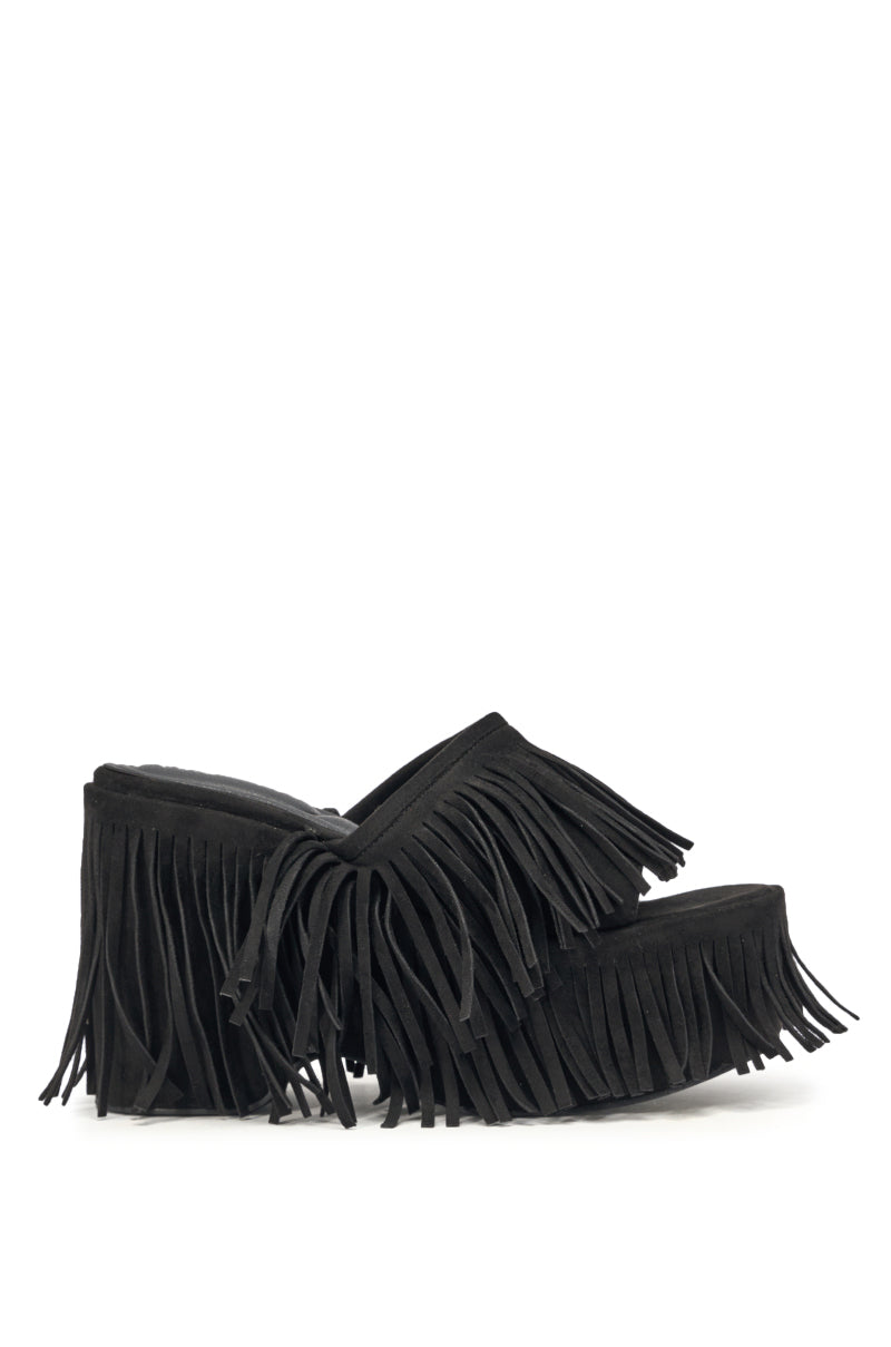 AKIRA GOLD RAMYA BLACK FRINGE PLATFORM SANDAL