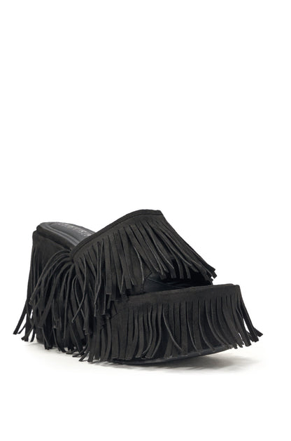AKIRA GOLD RAMYA BLACK FRINGE PLATFORM SANDAL