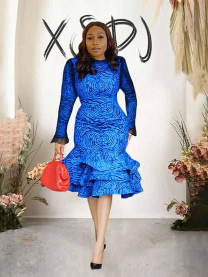 Long Sleeve Midi Dress Woman Ruffled Around Sexy Tight Dress with Lace Sleeves Elegant Party Girl Dress Dropshipping Wholesale