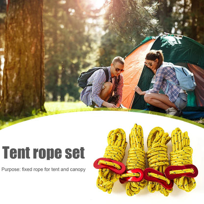 Reflective Tent Guy Ropes – 4pcs, 4mm × 2m, High-Strength with 2-Hole Tensioner Buckle