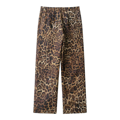 KONDALA Vintage Leopard Print Women Suits V Neck Sashes Long Sleeve Oversized Blazer+Wide Leg Pants Fashion 2025 Autumn Suits