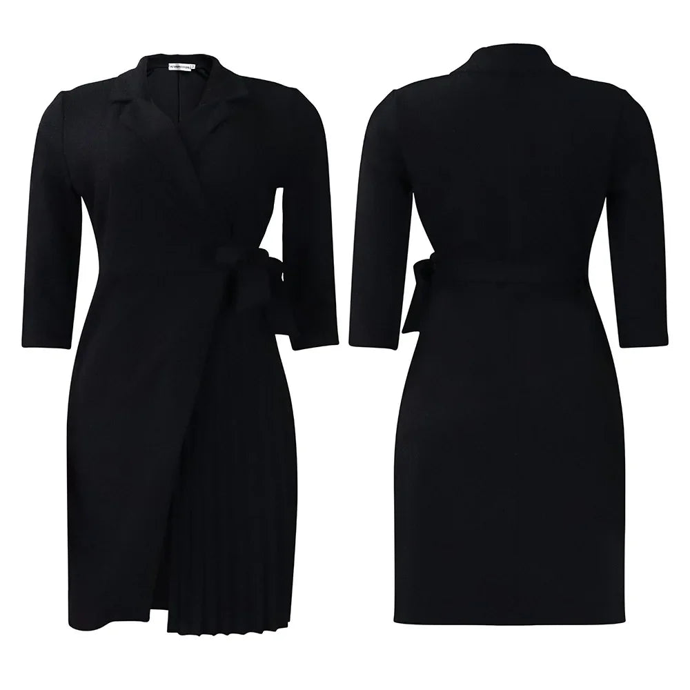 FairyShely 2025 Summer Solid Plus Size Folds Dress Women Long Sleeve Large Big Dresses Lady Belt Party Tight Curvy Short Dress