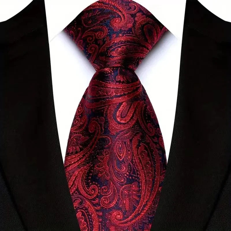 Luxury 8CM Mens Necktie Red Color Solid Stripes Paisley Ties For Man Groom Jacquard Woven Neck Tie For Business Wedding Party