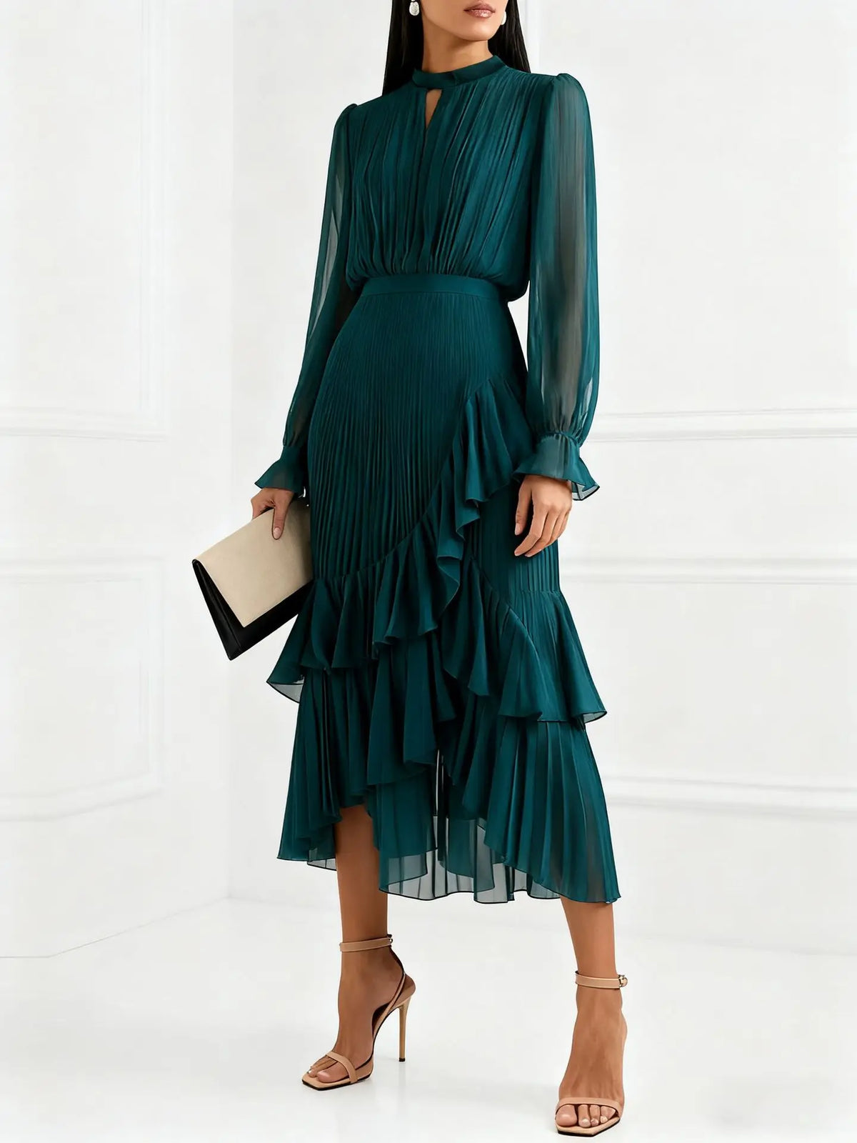 Elegant Ruffle Long Sleeve Dress for Women Chic Spring Summer Layered A Line Dress Lady Pleated Verstidos Prom Party Gowns