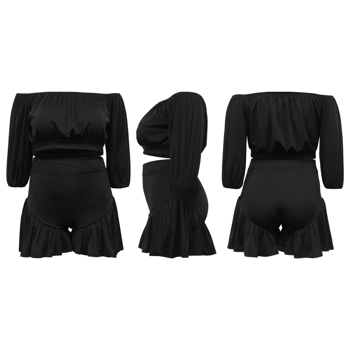 CM.YAYA Plus Size Women's Set Long Sleeve Slash Neck T-Shirt and Shorts 2025 Summer Ruched Two 2 Piece Set Outfits Tracksuit