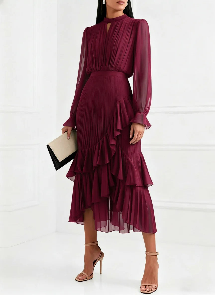 Elegant Ruffle Long Sleeve Dress for Women Chic Spring Summer Layered A Line Dress Lady Pleated Verstidos Prom Party Gowns