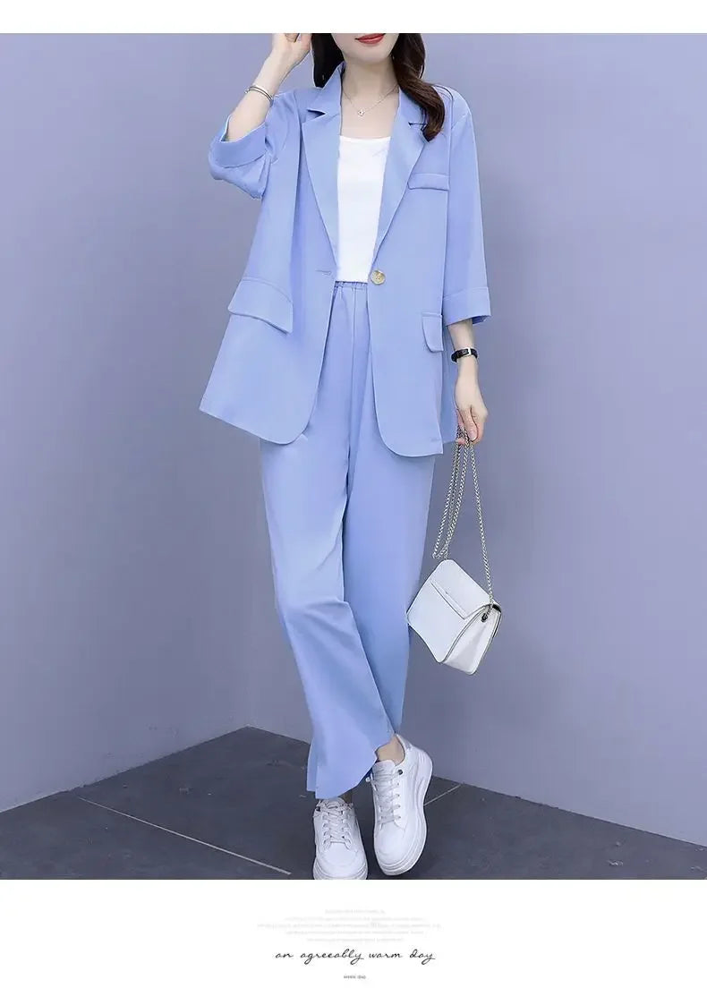 2026 Women Spring New Casual Blazers Jacket Trousers Matching Set Korean Elegant Loose Suit Coat Pants Two Piece Female Clothing