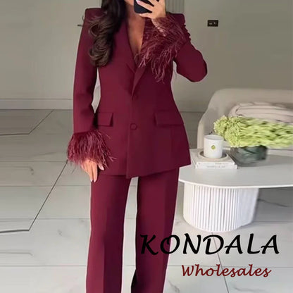 KONDALA 2025 Office Lady Fashion Slim Suits Single Breasted Feather Trim Blazer+Zipper Pockets Long Pants Fashion Female Suit