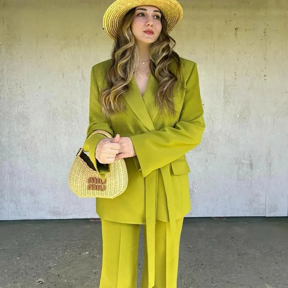 KONDALA 2025 Fall Winter Elegant Green Office Lady Suits Fashion Sashes Shrug Single Breasted Straight Blazers Chic Flare Pants