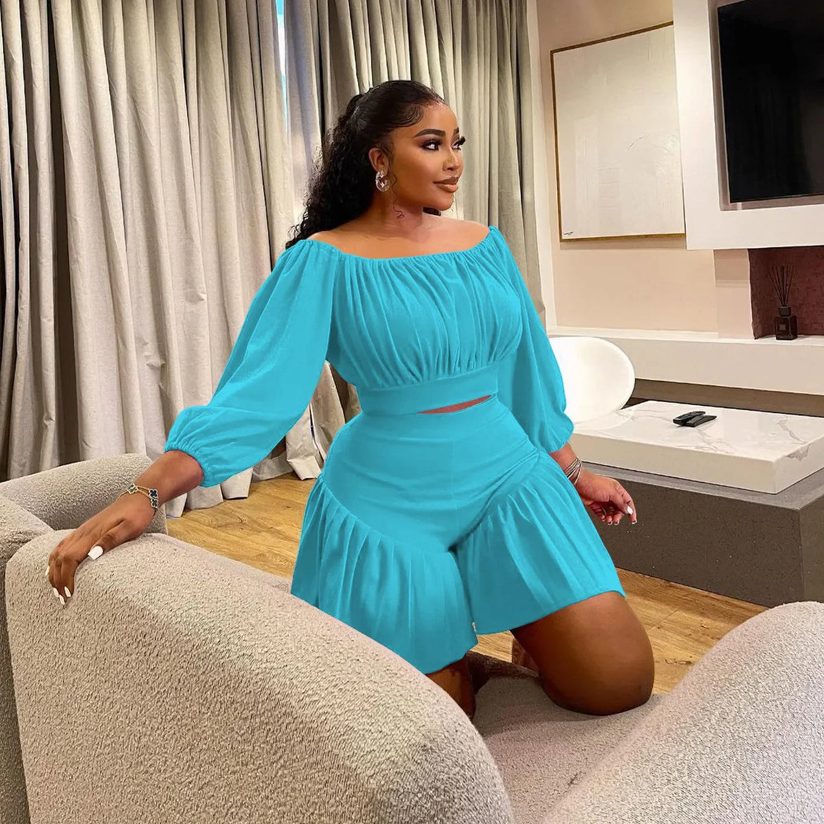 CM.YAYA Plus Size Women's Set Long Sleeve Slash Neck T-Shirt and Shorts 2025 Summer Ruched Two 2 Piece Set Outfits Tracksuit