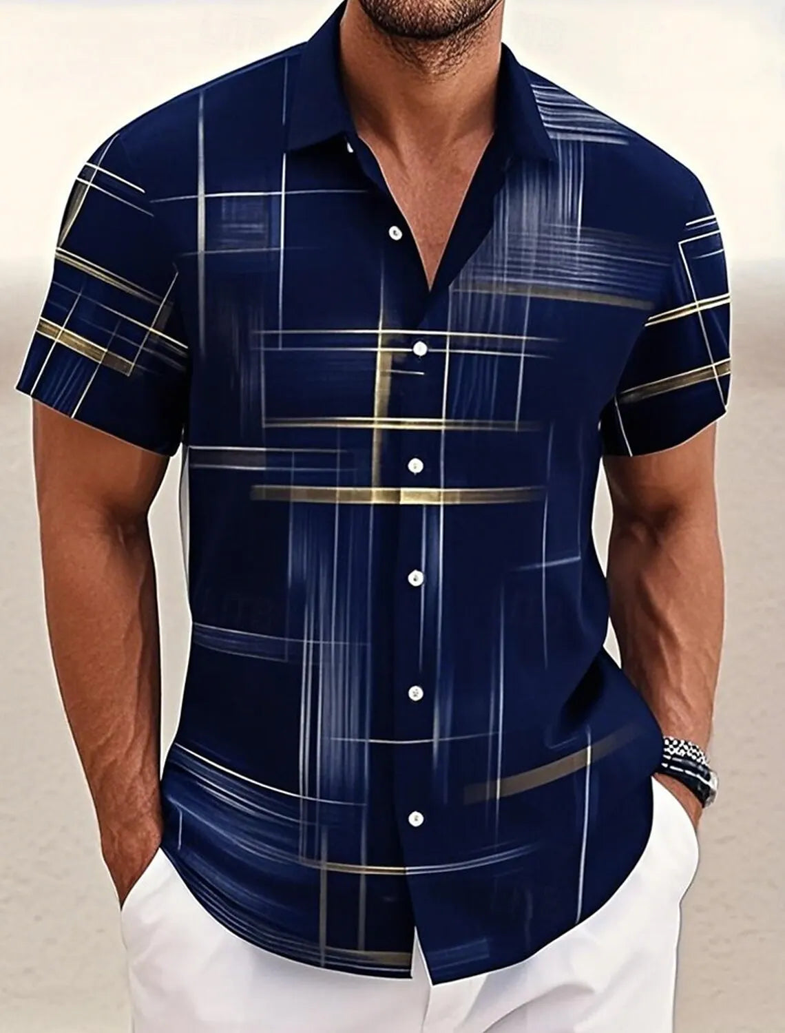 Summer Men's Geometric Grid  Plaid Shirts Short Sleeve Turndown Hawaiian Shirt Button Up Shirts No Pockets Shirts