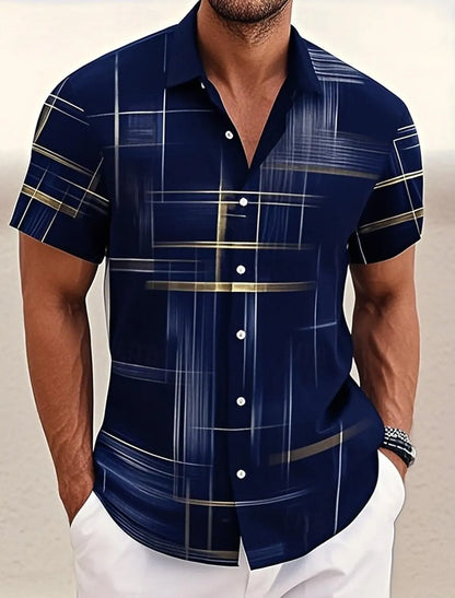 Summer Men's Geometric Grid  Plaid Shirts Short Sleeve Turndown Hawaiian Shirt Button Up Shirts No Pockets Shirts