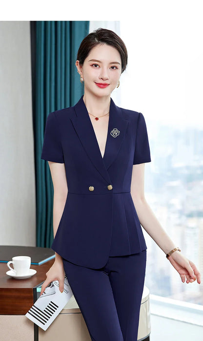NAVIU Fashion Pink Short Sleeve Professional Suit Women New Summer Elegant Formal Slim Blazer And Pants Office Ladies Work Wear