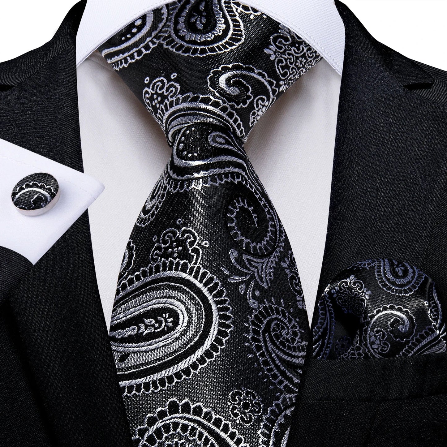 Men's Black Ties Handkerchief Cufflinks Business Formal Floral Striped Solid 8cm Necktie Gift for Husband Wedding Accessories