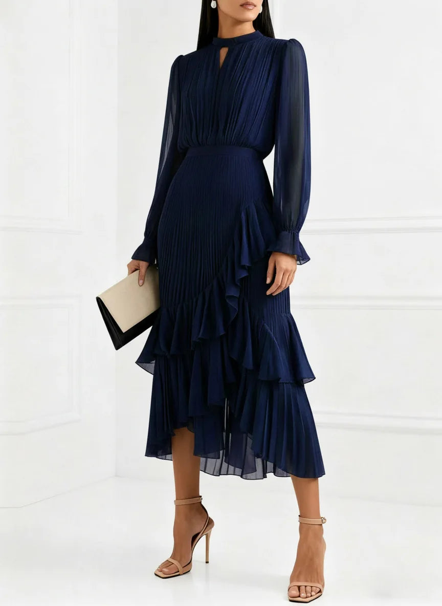 Elegant Ruffle Long Sleeve Dress for Women Chic Spring Summer Layered A Line Dress Lady Pleated Verstidos Prom Party Gowns