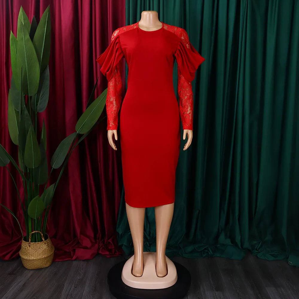 Sexy Bodycon Dresses for Women O Neck Lace Sleeve Sheath Package Hips Mid Calf Female Luxury Birthday Party Dinner Vestidos