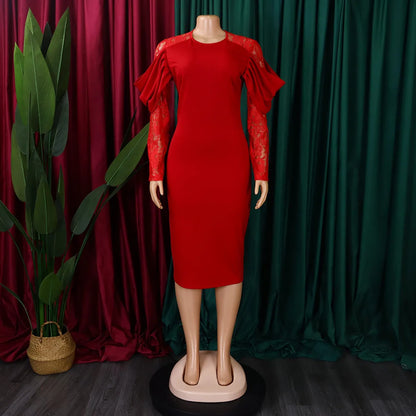 Sexy Bodycon Dresses for Women O Neck Lace Sleeve Sheath Package Hips Mid Calf Female Luxury Birthday Party Dinner Vestidos