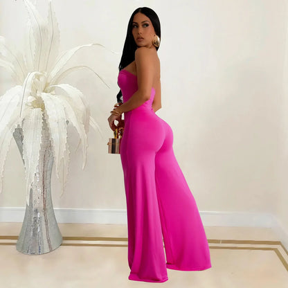 Summer Sexy Backless Women's Jumpsuit Fashionable Slim Fit Elegant Package hip Wide Leg Long Pants Female Party Jumpsuit 2025